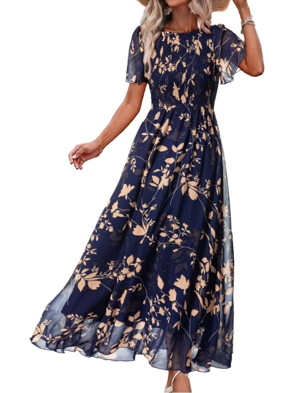 Floral Boho Chiffon Maxi Dress | Casual Wedding Guest Outfit | Smocked Style